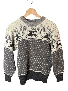 Vintage 100% Wool Grey White Fair Isle Sweater Nordic S